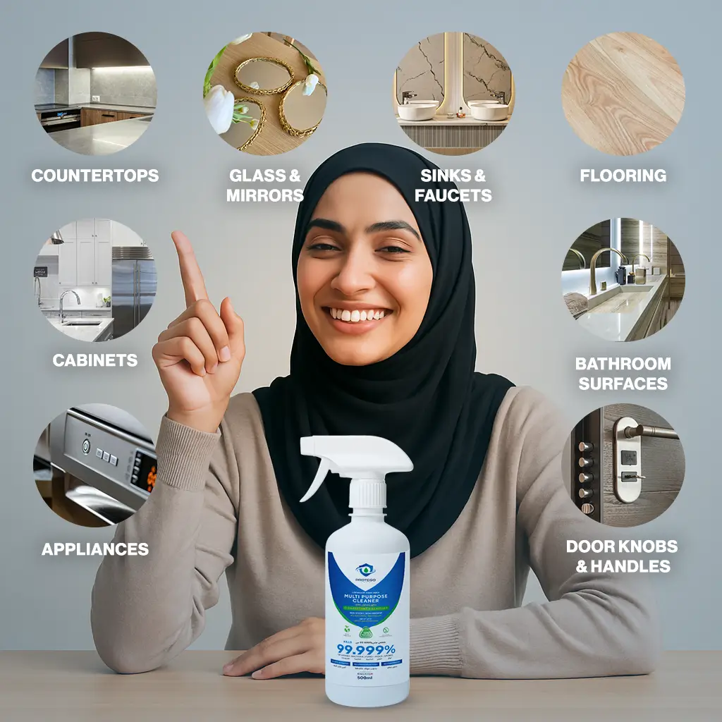Multiple uses of Aqua Protego HOCl 750ml spray – kitchen, bathroom, nursery and pet areas